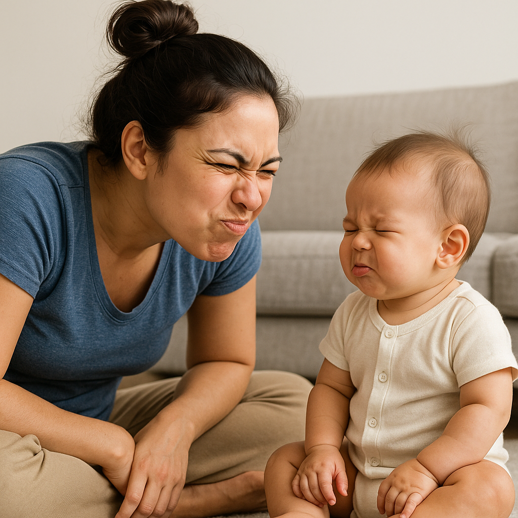 Mother copying baby's smile