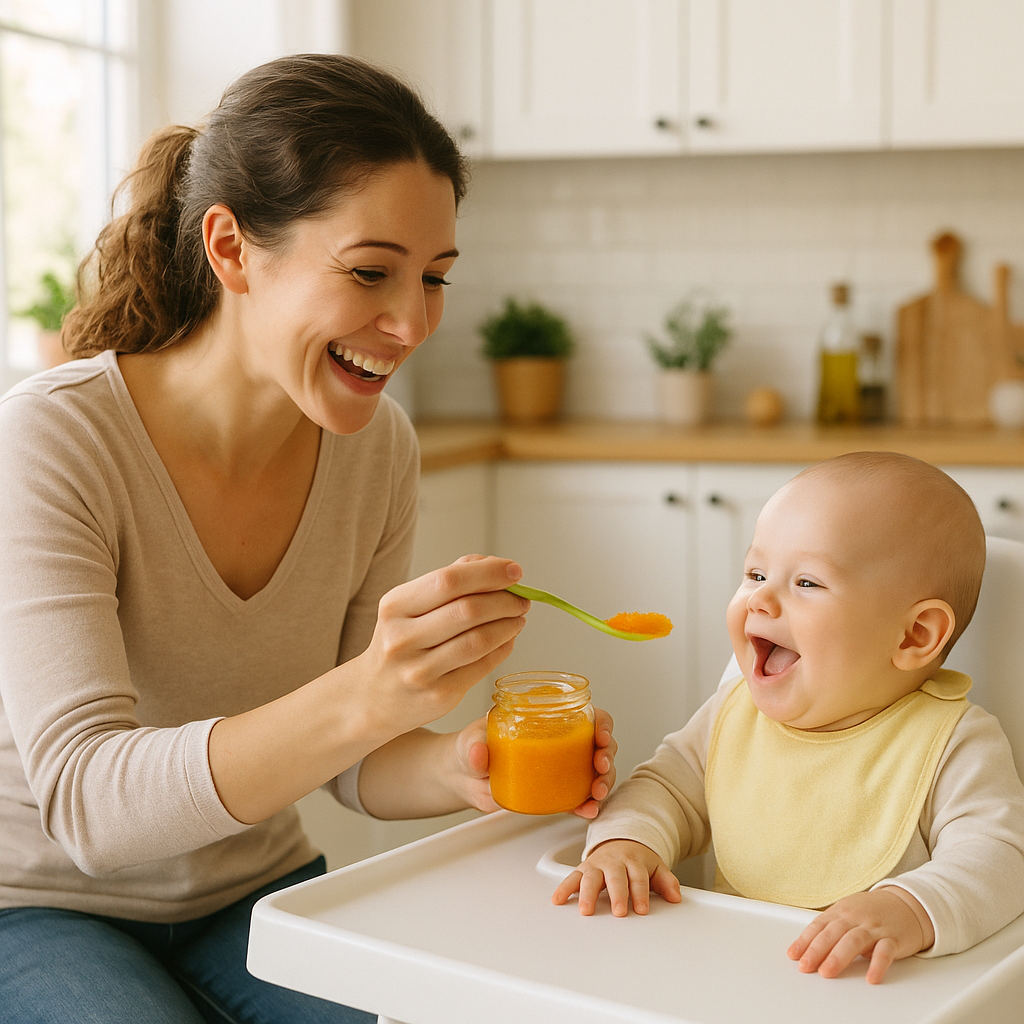 Mother feeding baby puree