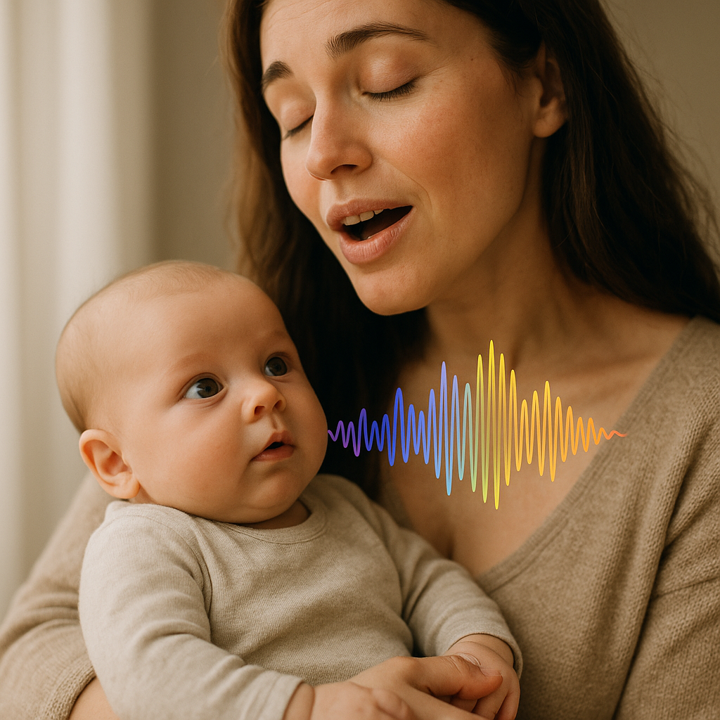 Mom singing to attentive infant