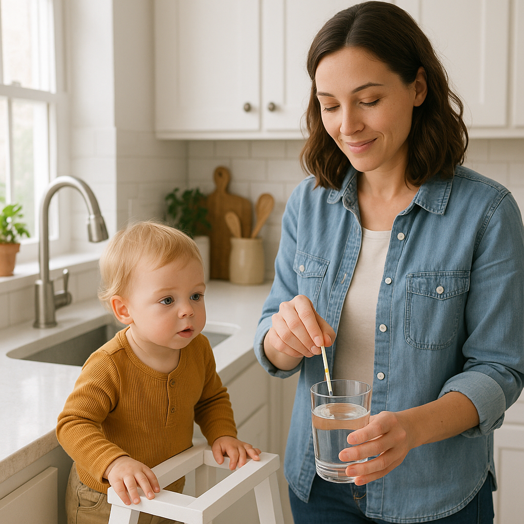 Mom testing tap water while toddler watches