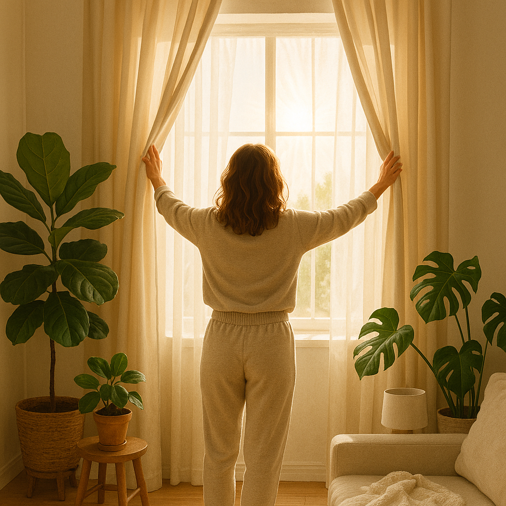 Woman stretching by sunny window
