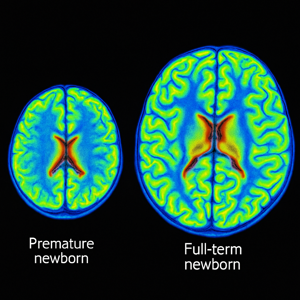 Side-by-side MRI scans of preterm and term newborn brains