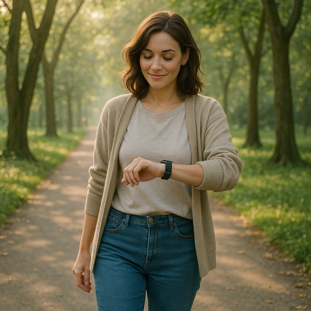 Woman checking watch under trees