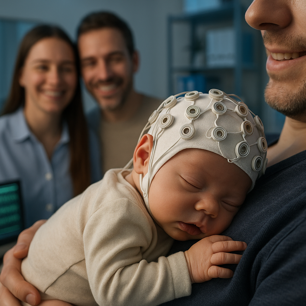 Newborn wearing EEG cap while sleeping