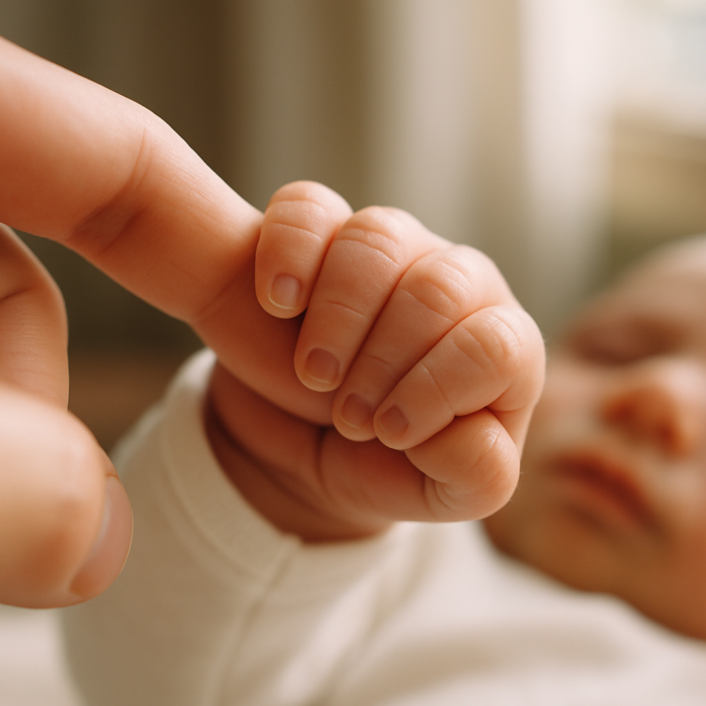 Newborn gripping caregiver’s finger