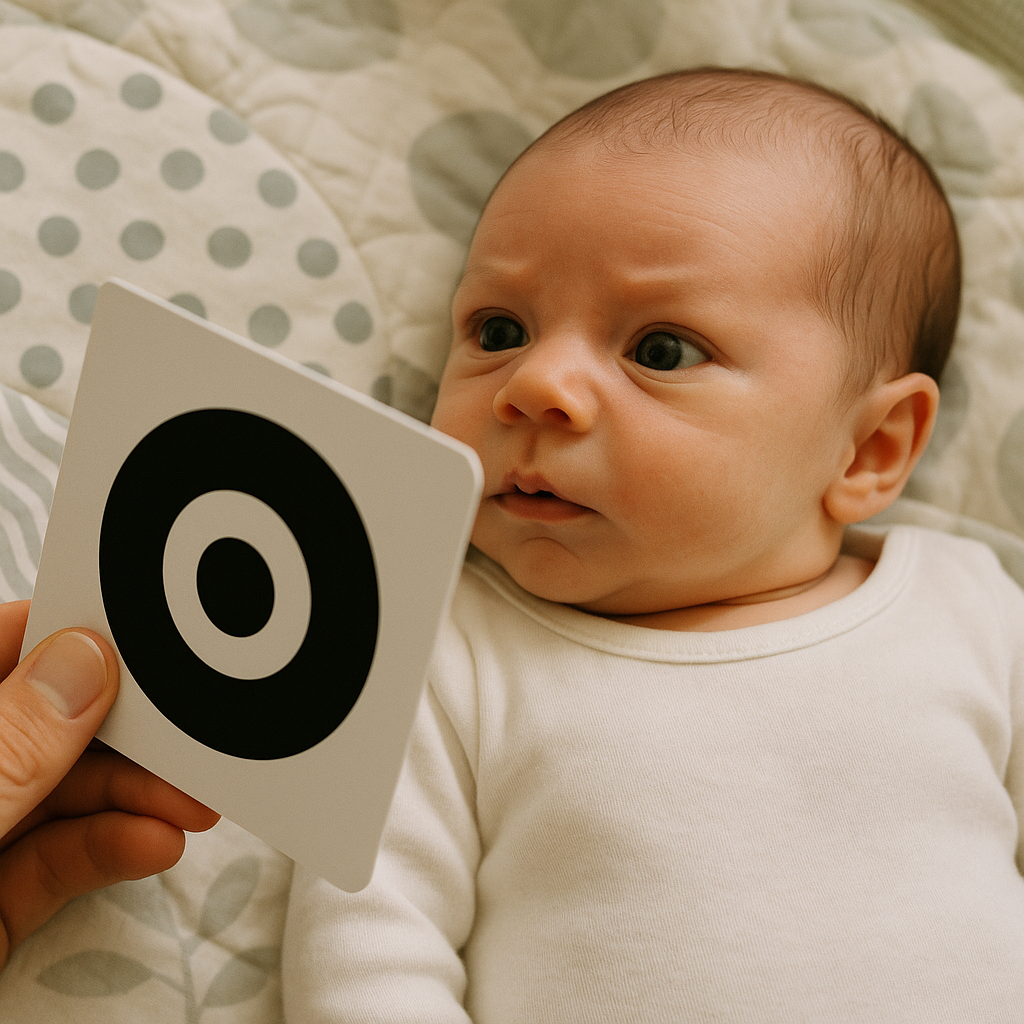Newborn focusing on black-and-white card