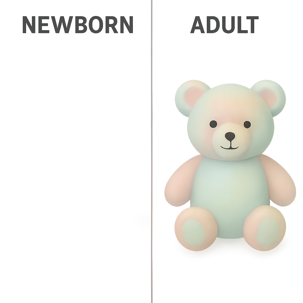 Side-by-side view of newborn versus adult vision