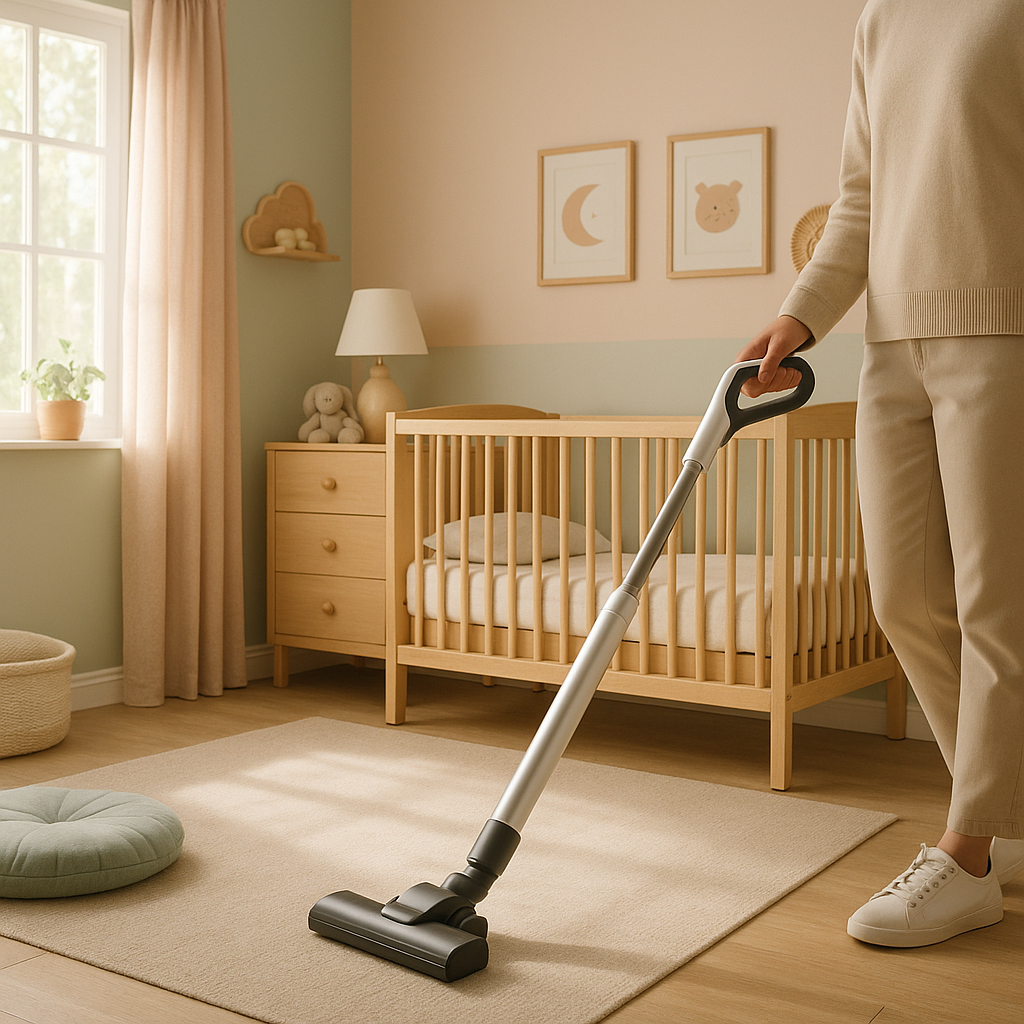 Parent quietly vacuuming a nursery with a HEPA vacuum