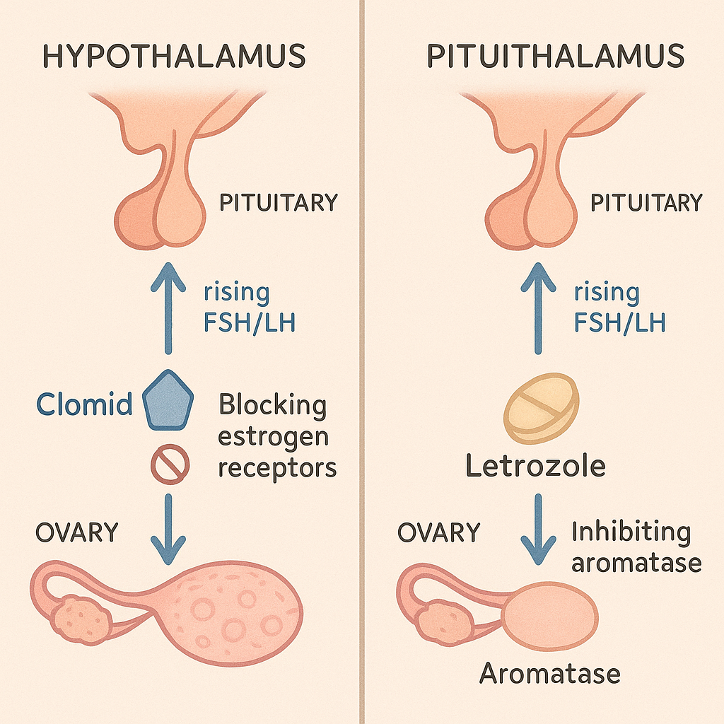 Split infographic of hormone feedback loops for Clomid vs. Letrozole