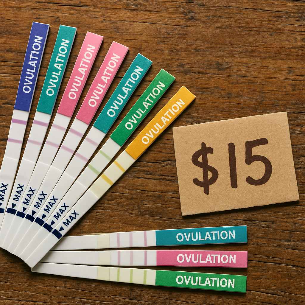 Colorful ovulation test strips on a wooden table with a small $15 tag