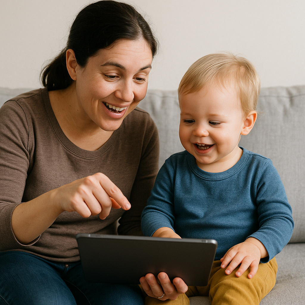 Parent pointing at tablet and talking with toddler