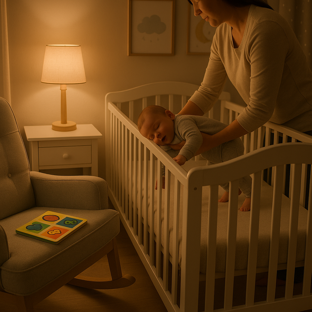 Parent placing sleepy baby in crib