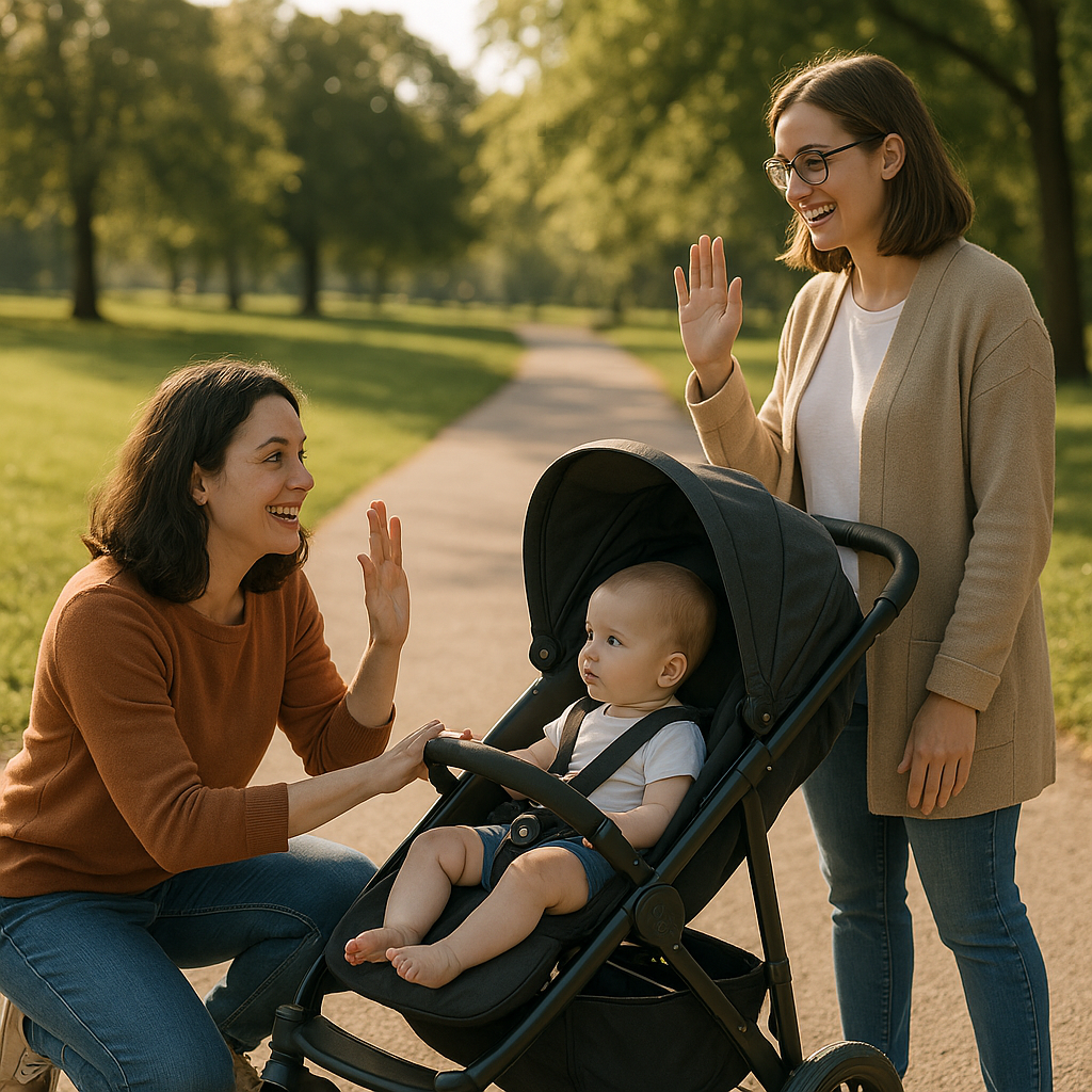 Parent greeting neighbor while baby watches from stroller