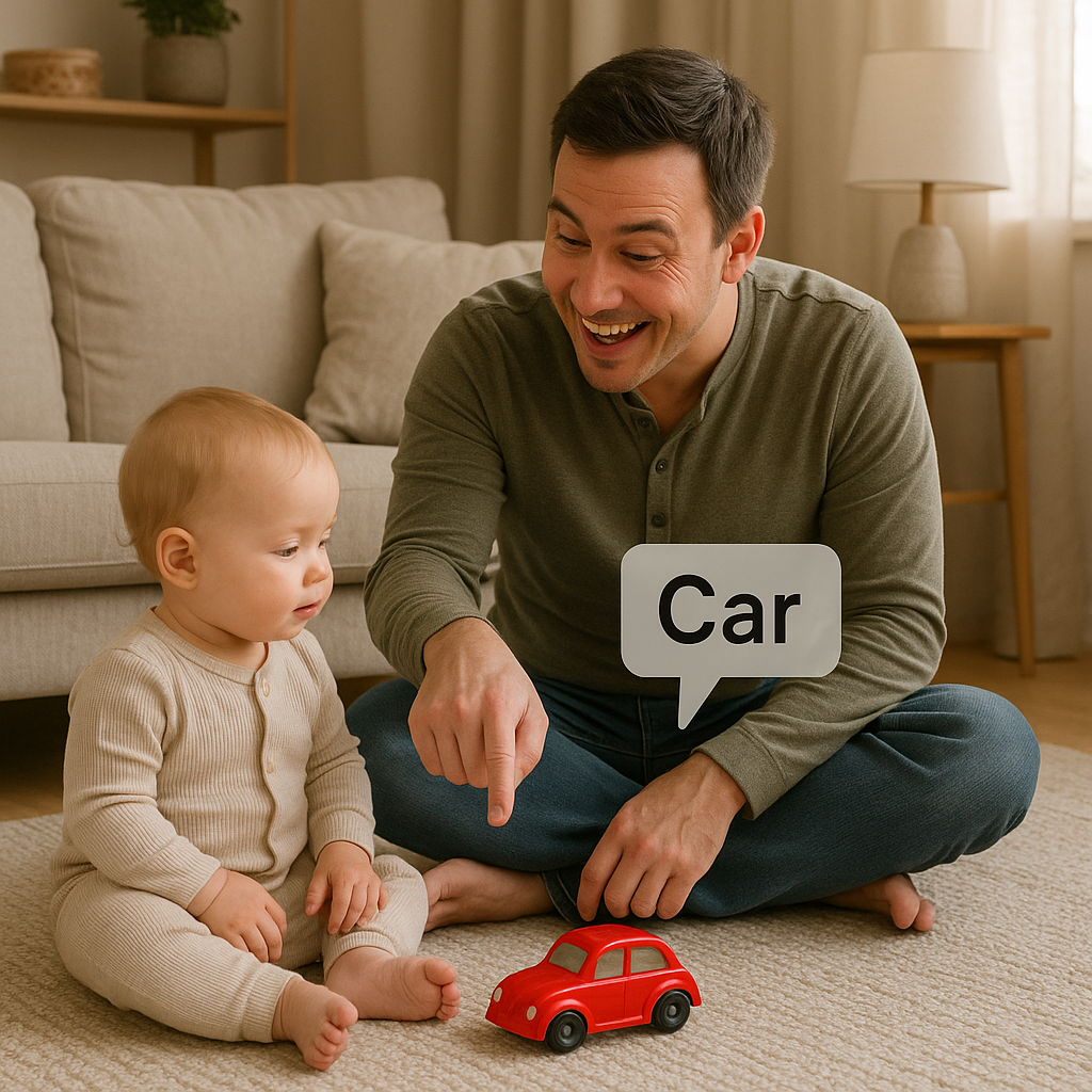 Parent pointing at toy car and naming it
