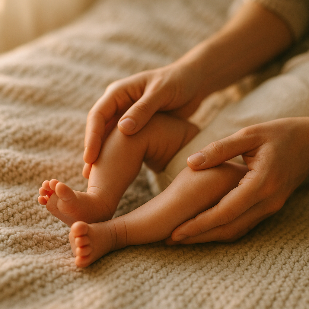 Parent gently massaging newborn legs
