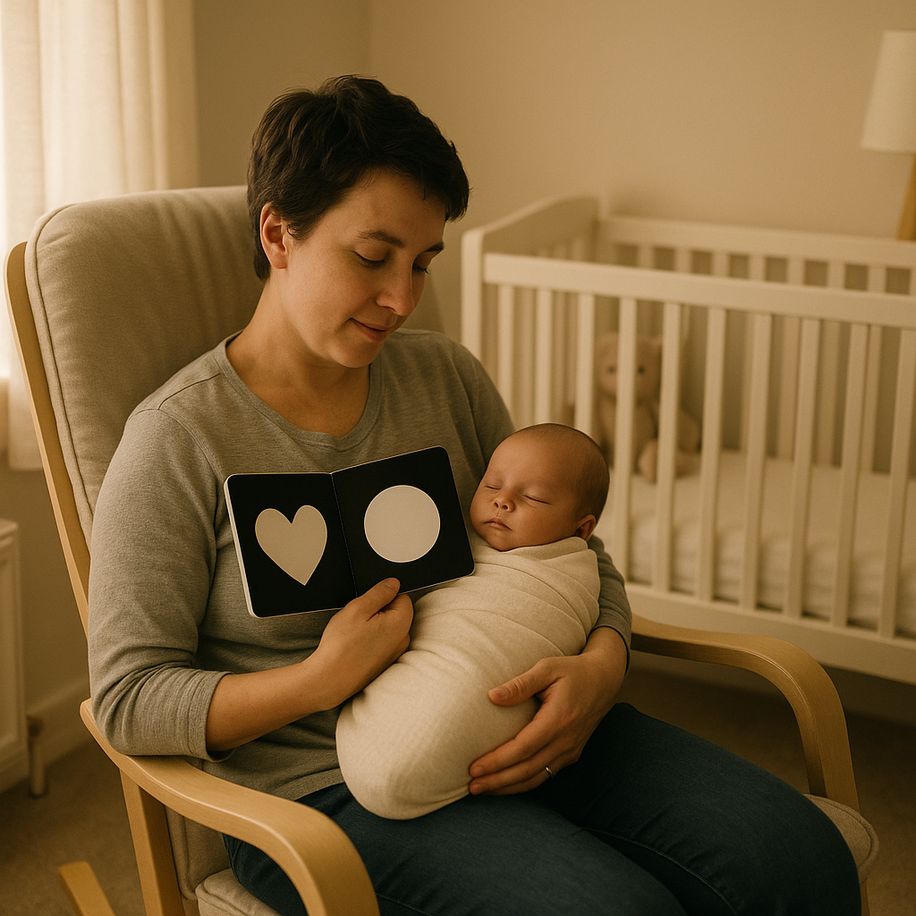 Parent reading board book to newborn on chest