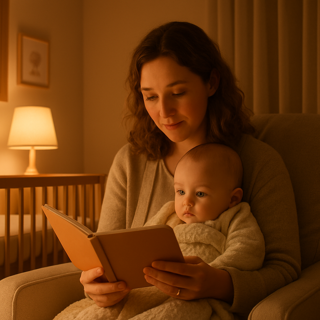 Parent reading to baby in dim light
