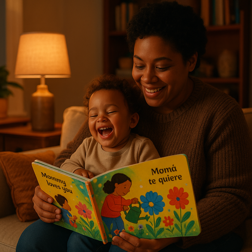 Parent reading a dual-language picture book to toddler