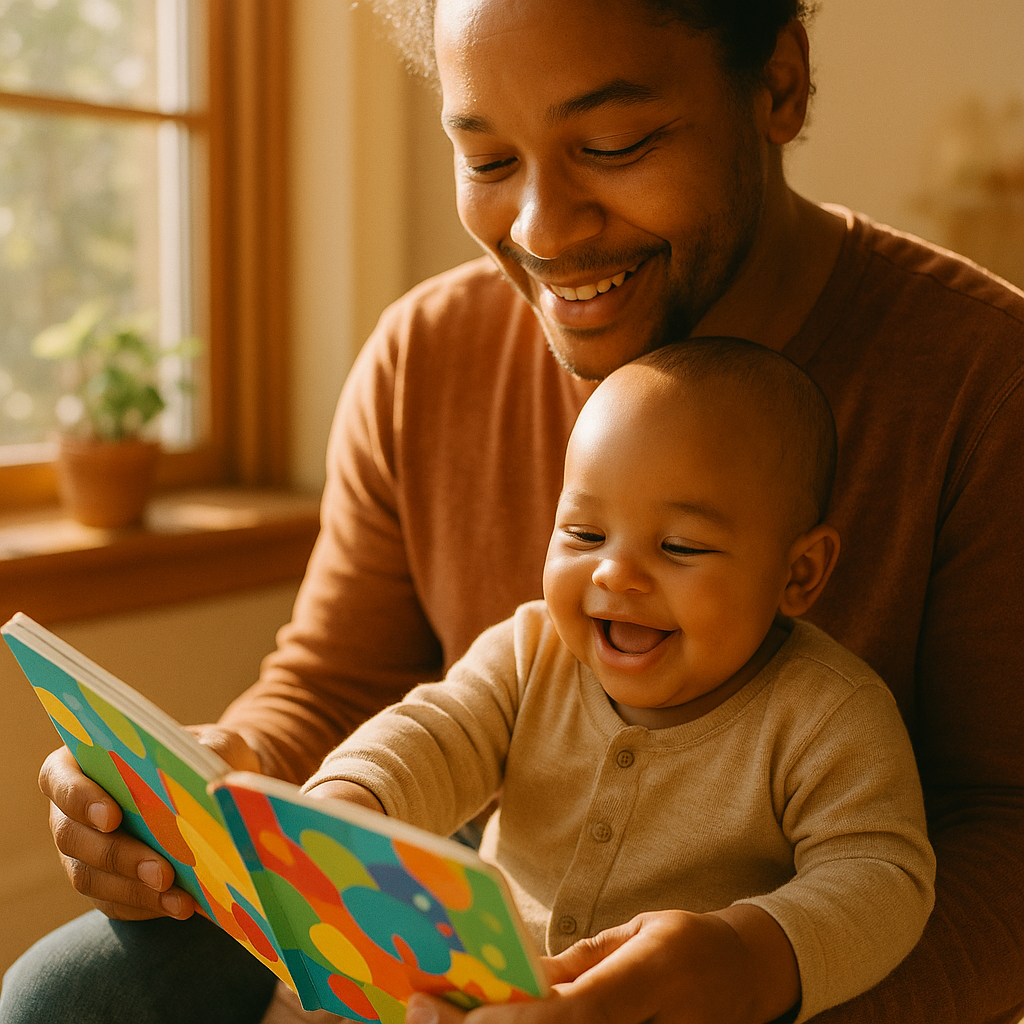 Parent reading picture book to infant