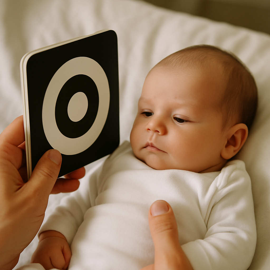 Parent holding a black-and-white board book 10 inches from infant