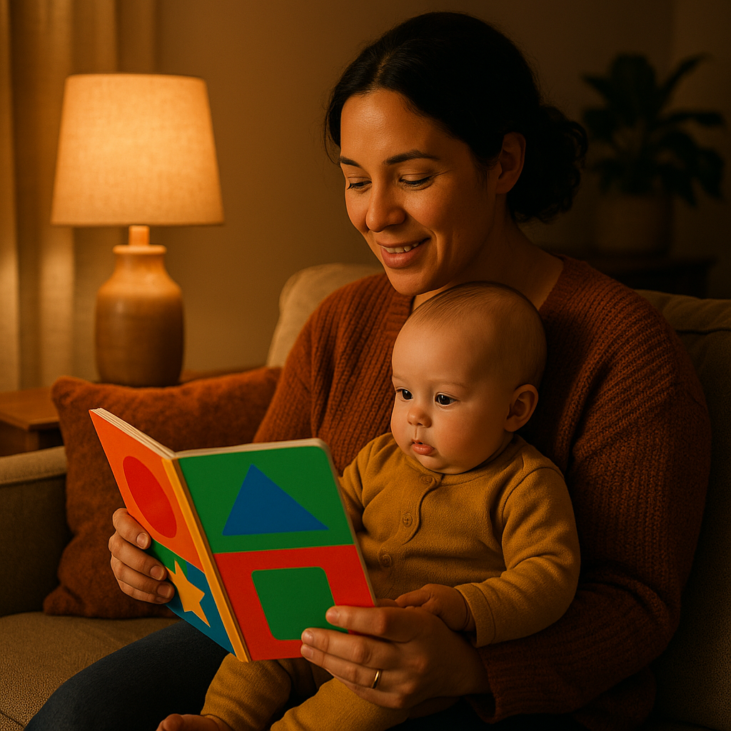 Parent reading to smiling infant on a cozy couch