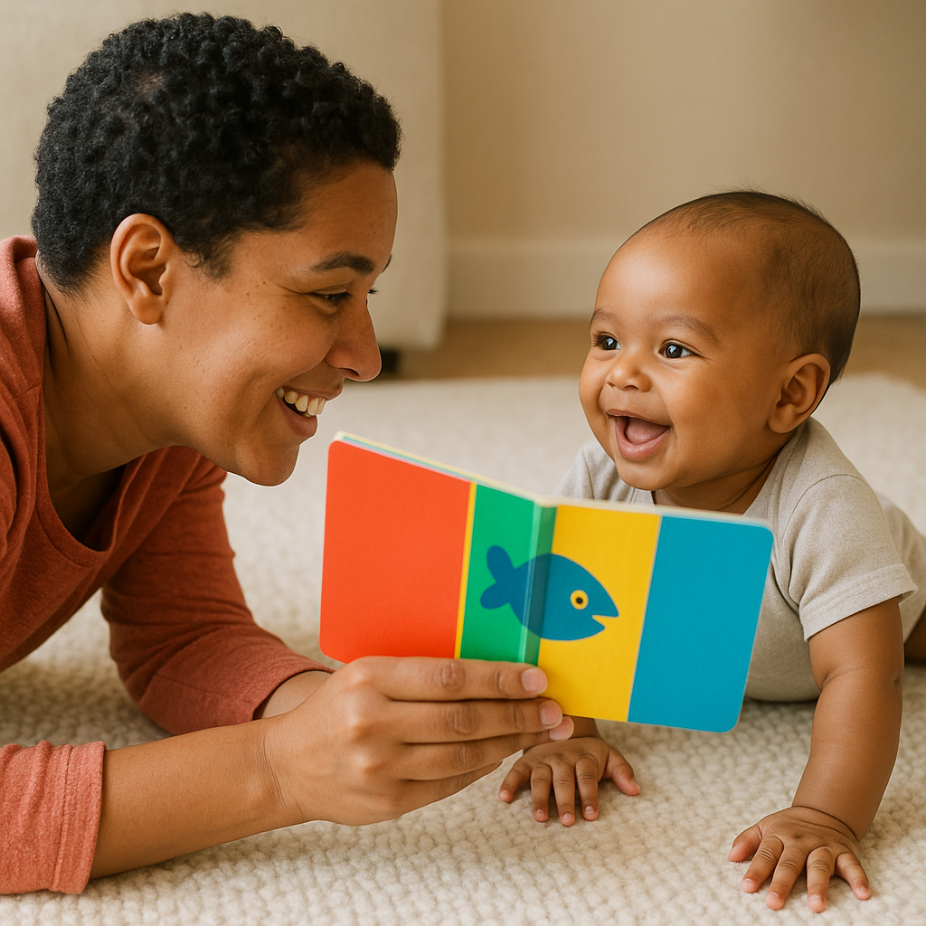 Parent reading colorful board book during tummy time