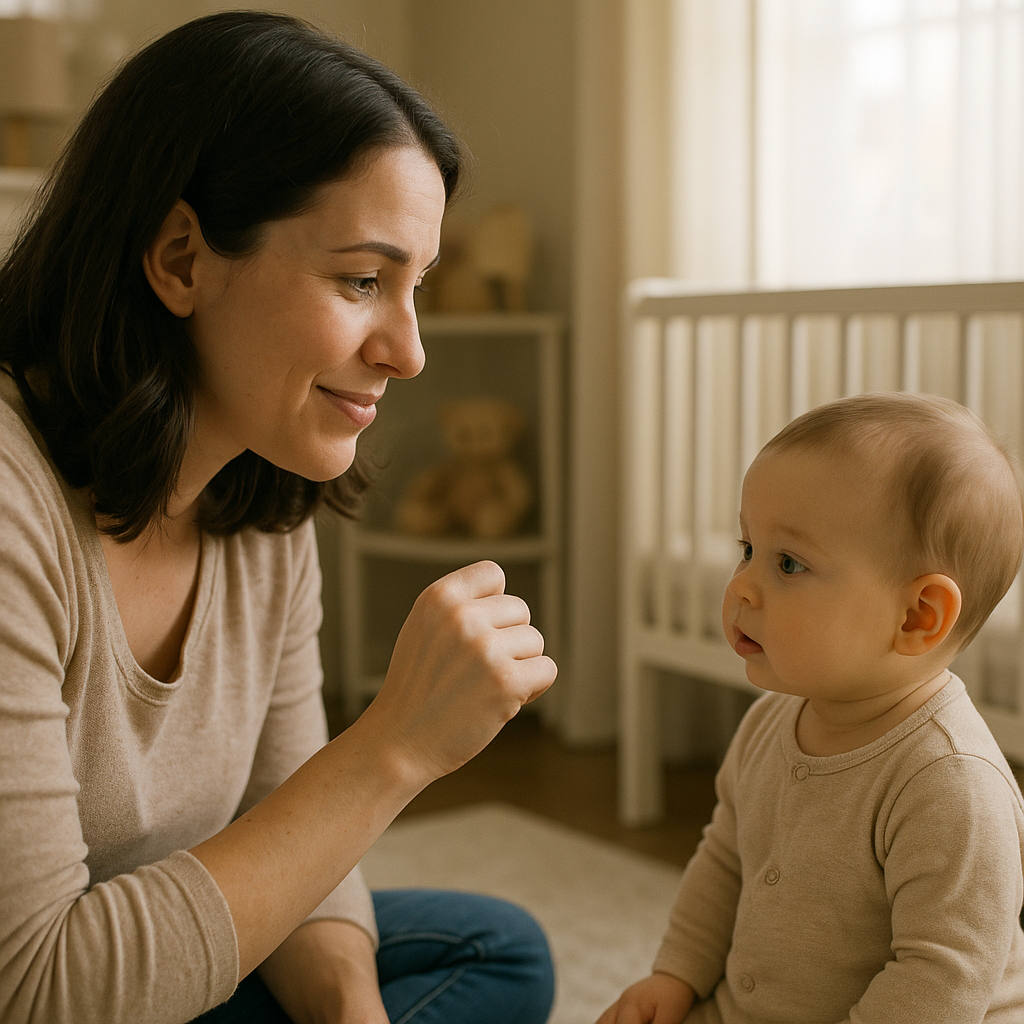 Parent signing “milk” to smiling baby
