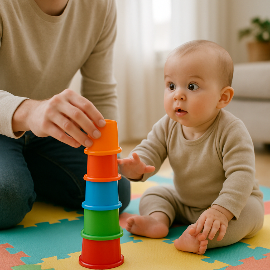 Parent showing baby how to stack cups