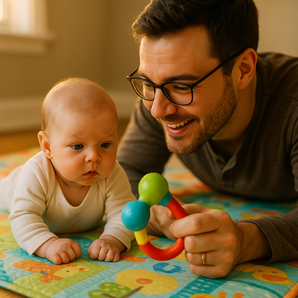 Parent offering soft rattle during tummy time