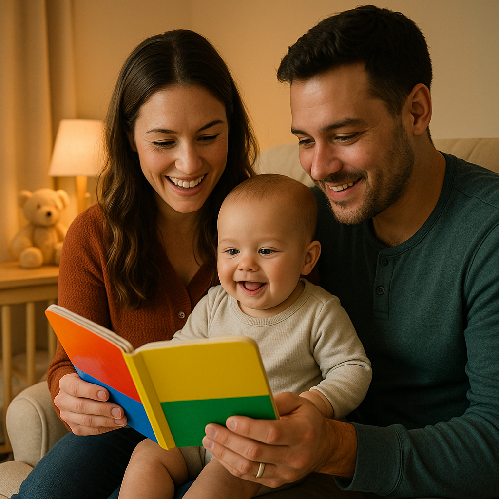 Parents reading colorful book to baby