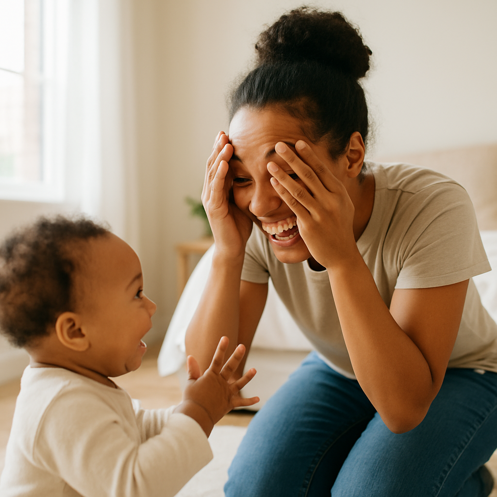 Mother playing peekaboo with baby