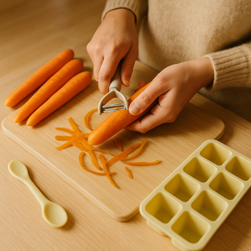 Parent peeling carrots for baby puree