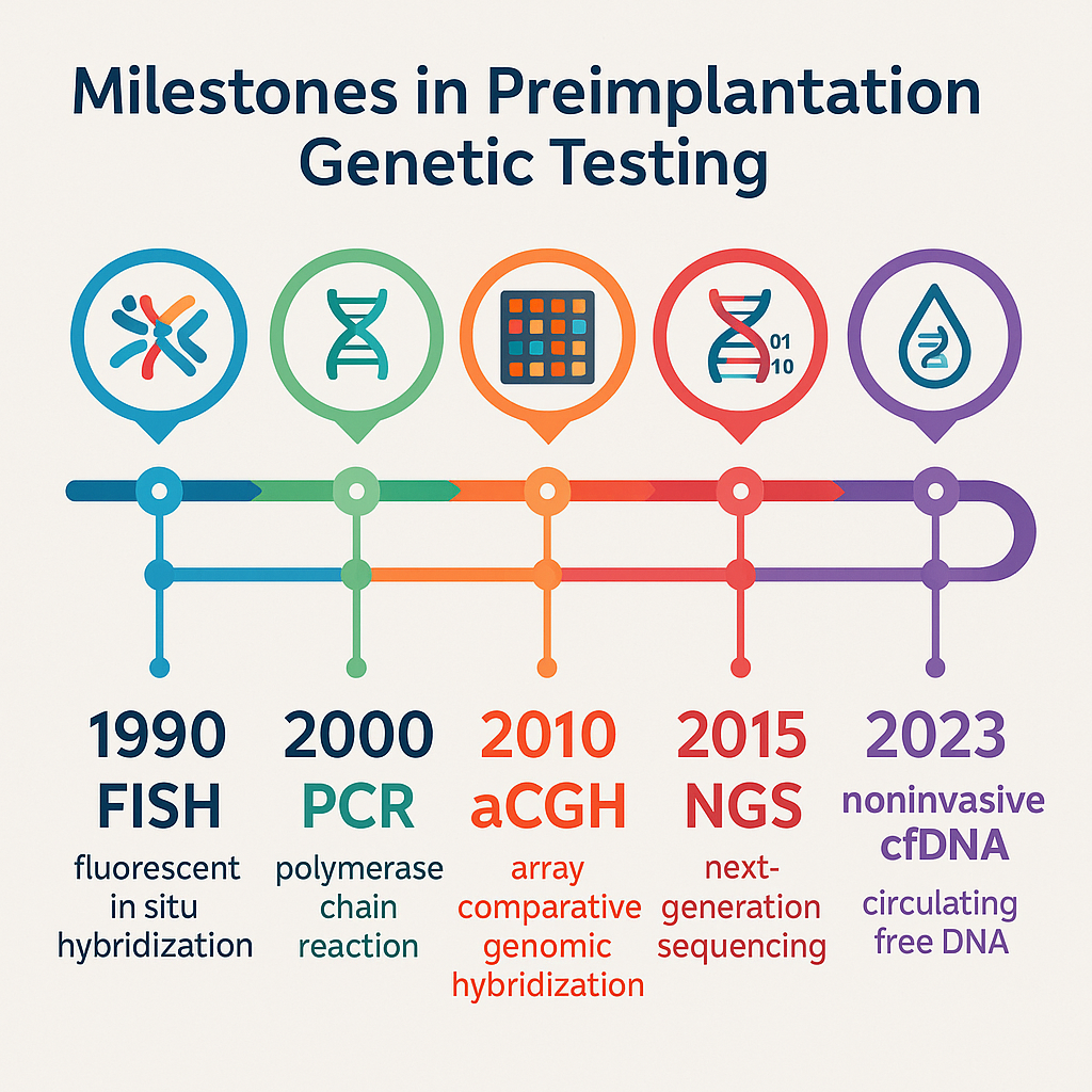 Infographic showing the evolution from early FISH testing to modern NGS and emerging non-invasive PGT