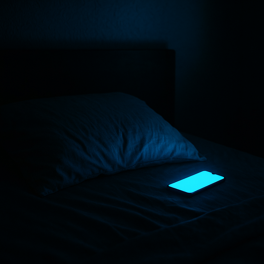 Blue glow of phone in dark bedroom