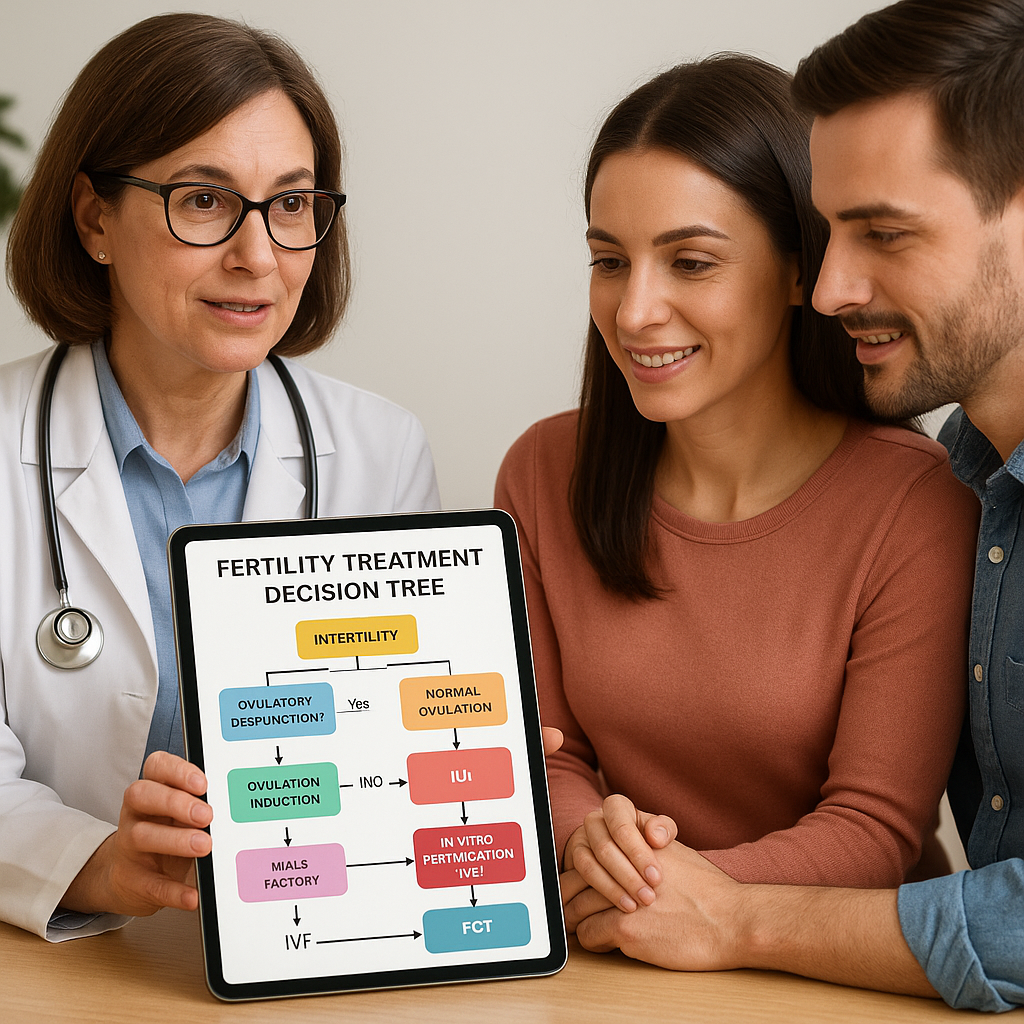 Physician showing fertility treatment flowchart