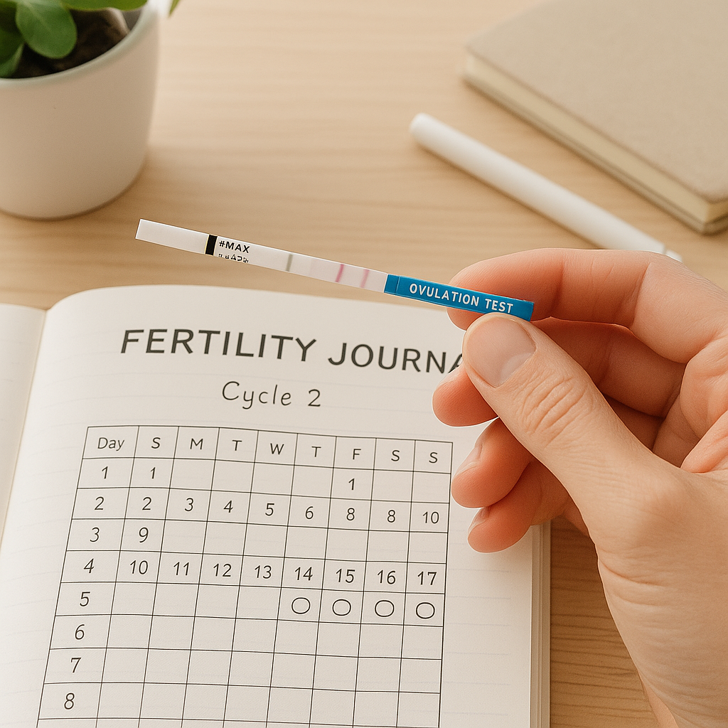 Positive ovulation test strip held over a fertility journal