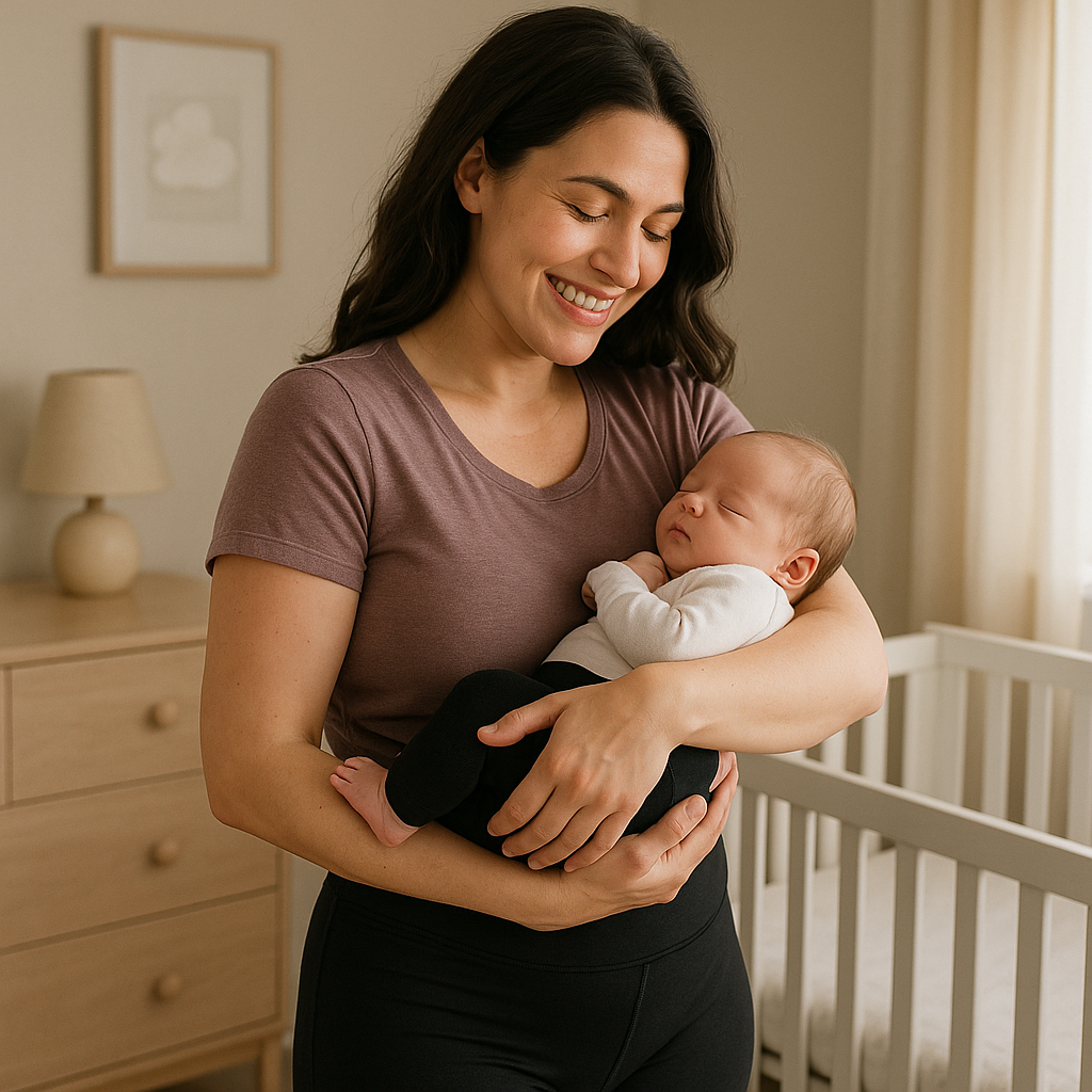 Mother wearing postpartum leggings while holding newborn