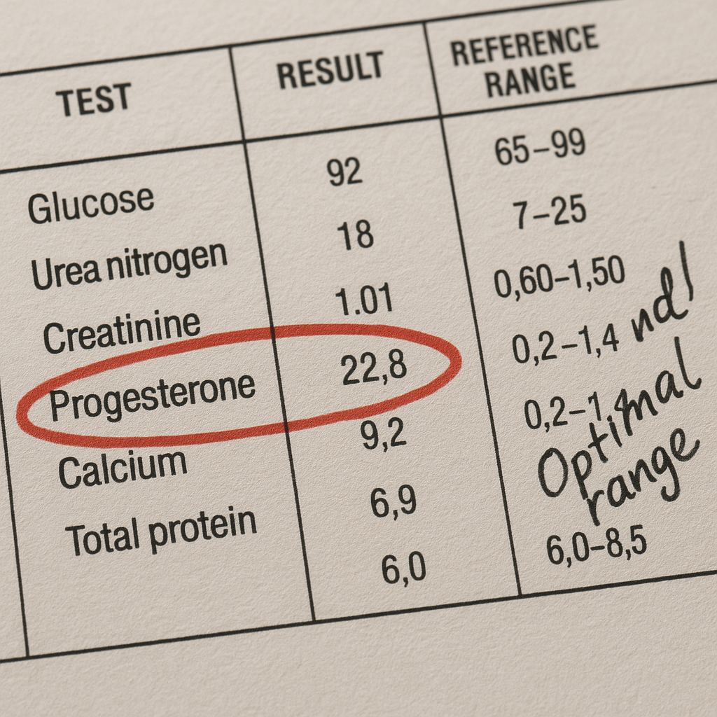 Lab report with progesterone value highlighted
