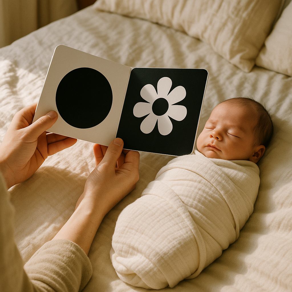 Parent reading high-contrast board book to a swaddled newborn