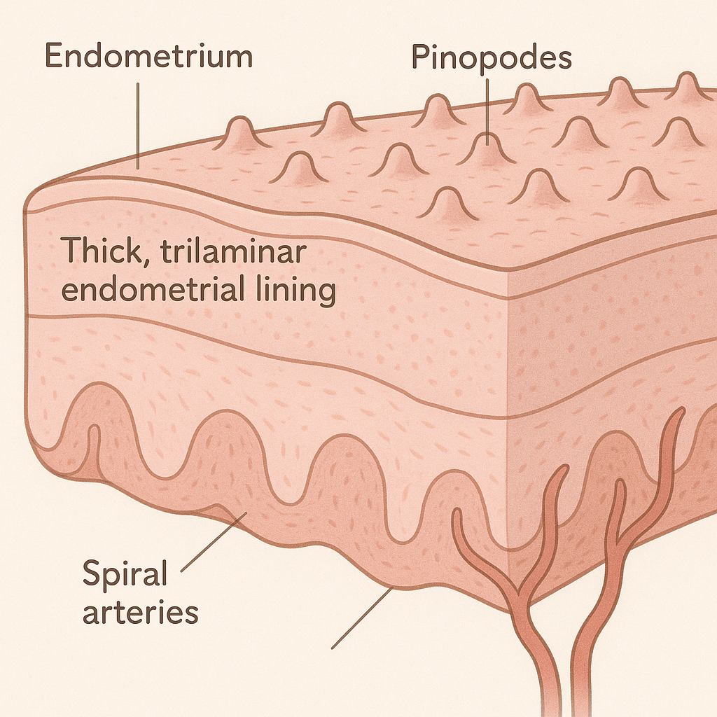 Medical illustration of a thick, trilaminar endometrial lining with pinopodes