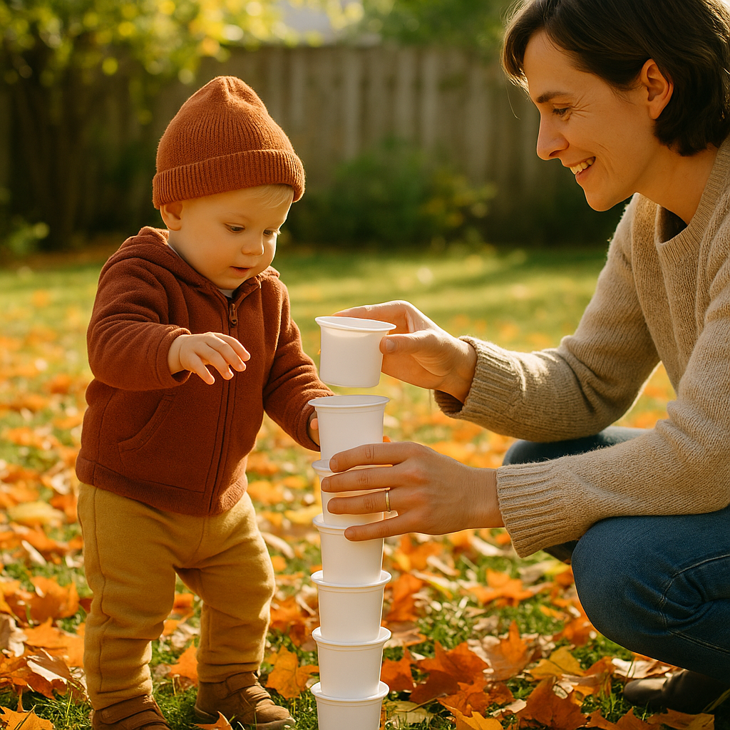 Parent and child stacking recycled containers outdoors
