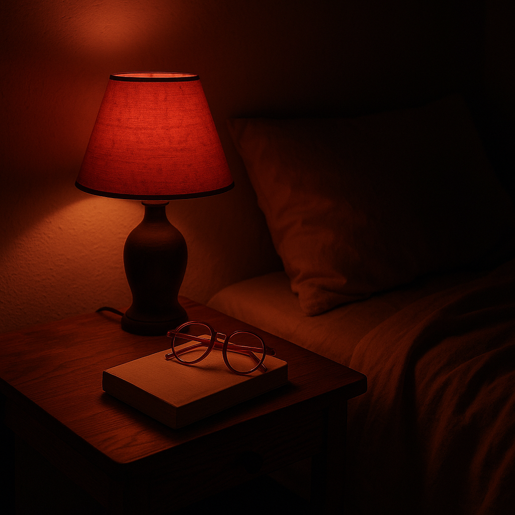 Cozy red-lit bedtime scene