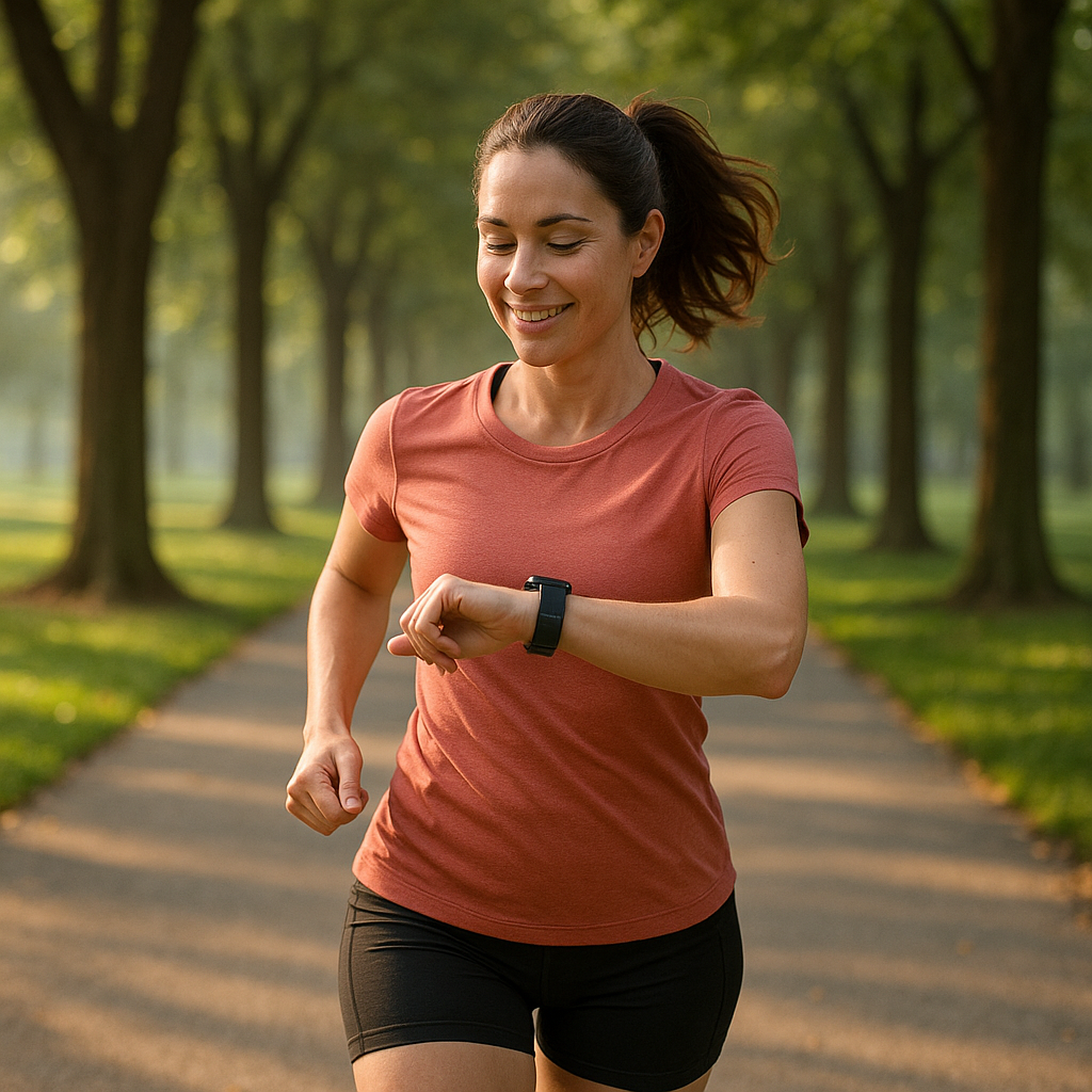 Runner checking smartwatch on shady trail