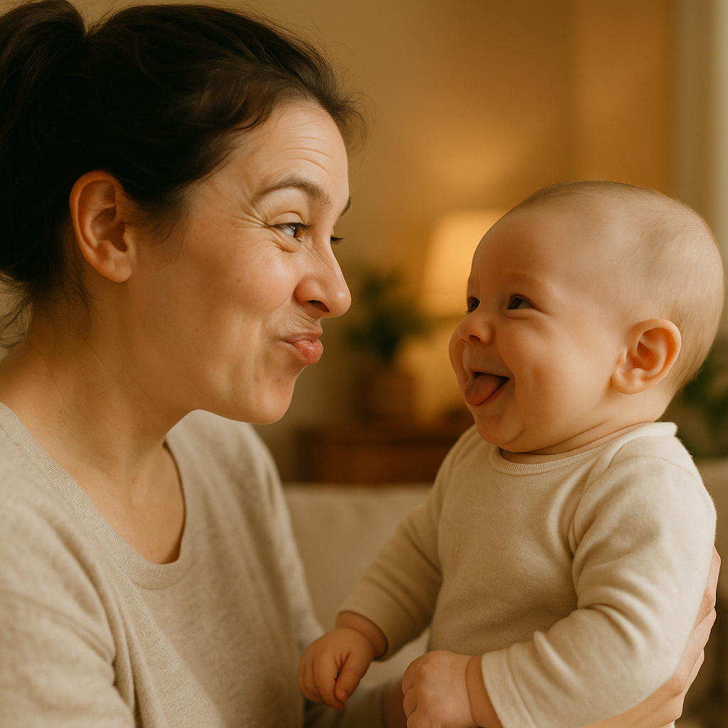 Mother and baby making faces