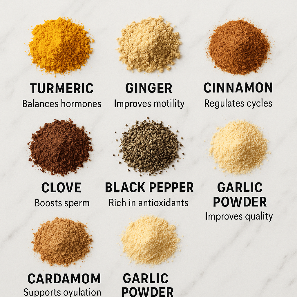 Seven colorful spice piles labeled with benefits