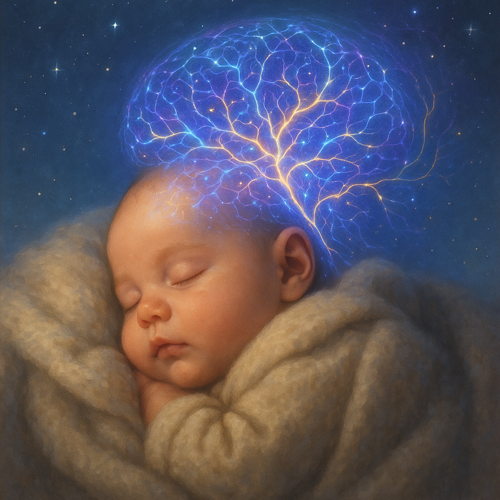 Sleeping infant with glowing brain connections