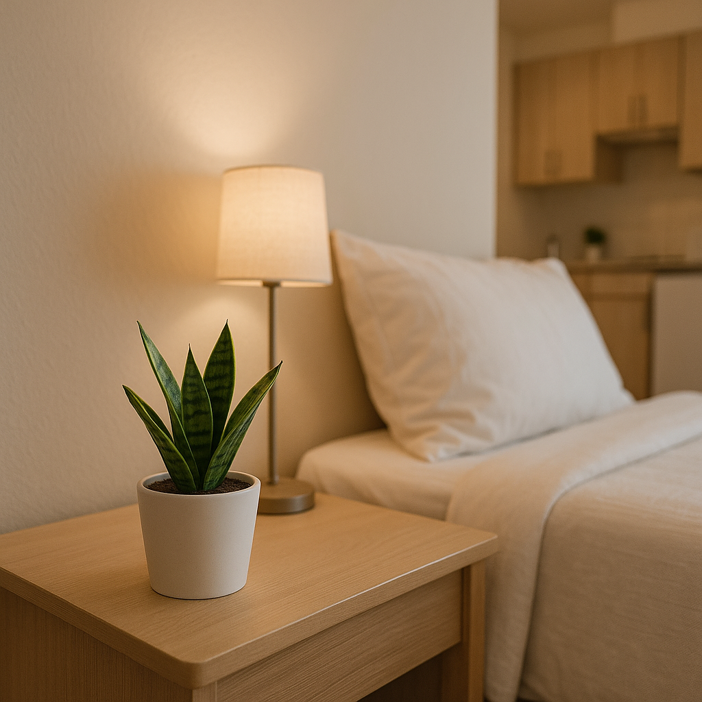 Compact snake plant on bedside table