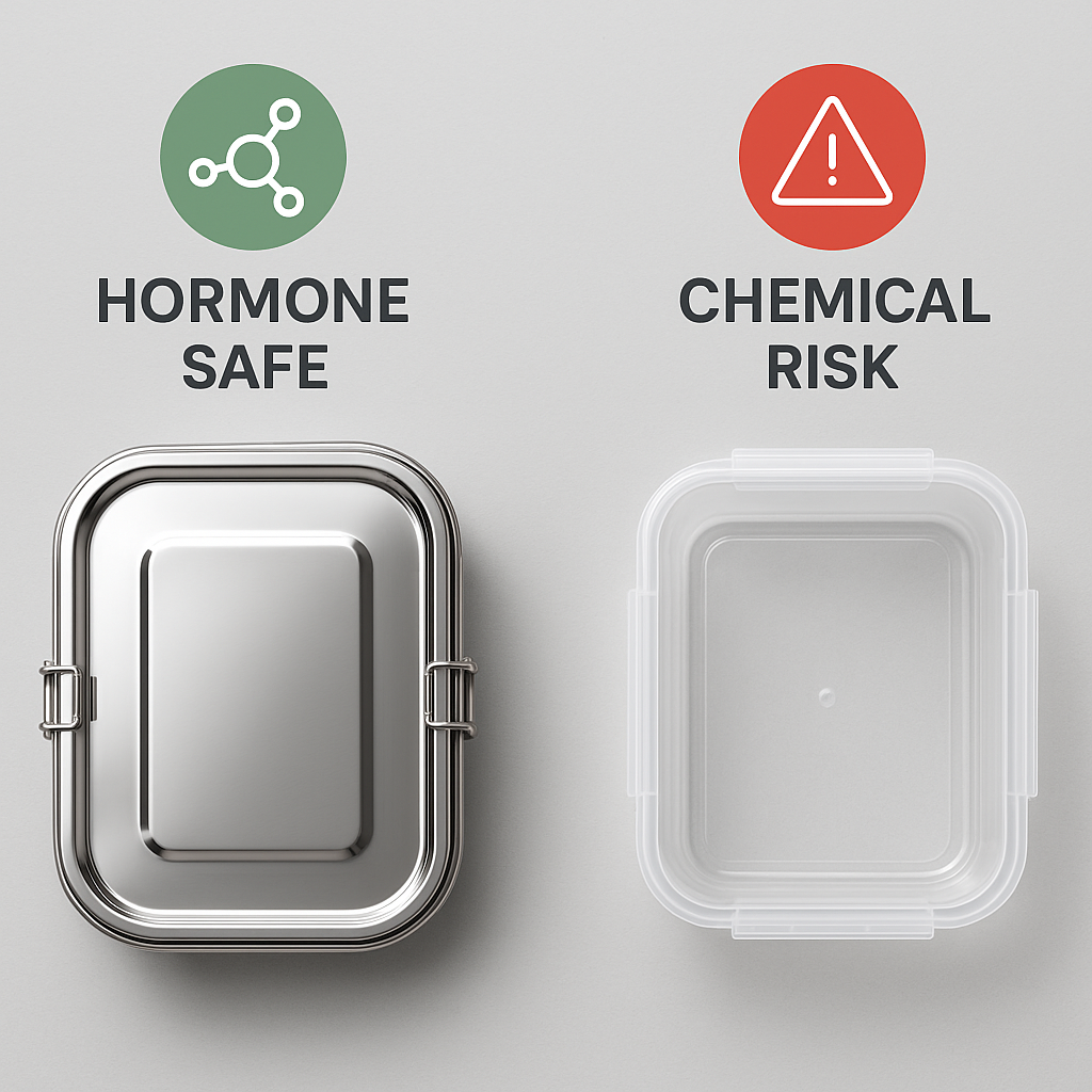 Side-by-side stainless and plastic lunch boxes