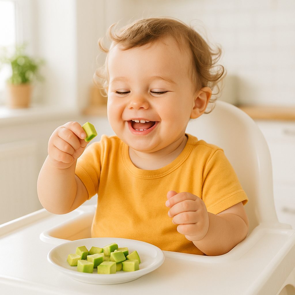 Toddler pinching avocado cubes