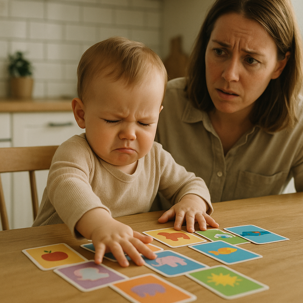 Stressed toddler with flashcards